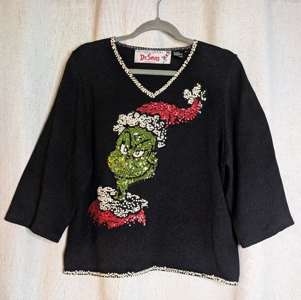 Vintage 2001 Michael Simon Dr. Seuss Grinch Christmas V-neck Sequin Sweater XL